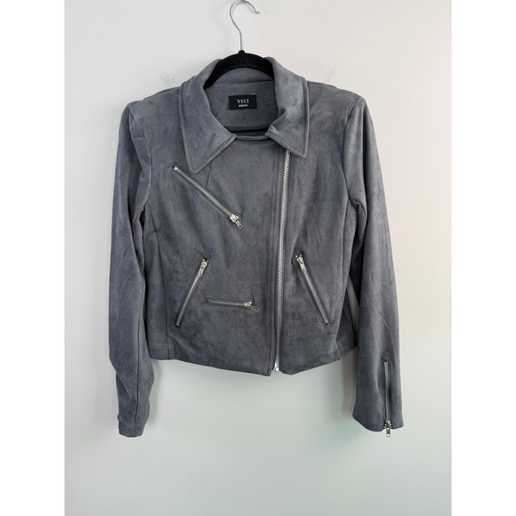 Vici Jackets & Blazers - VICI Moto Jacket Women Medium Gray Faux Suede Asymmetrical Zip Biker